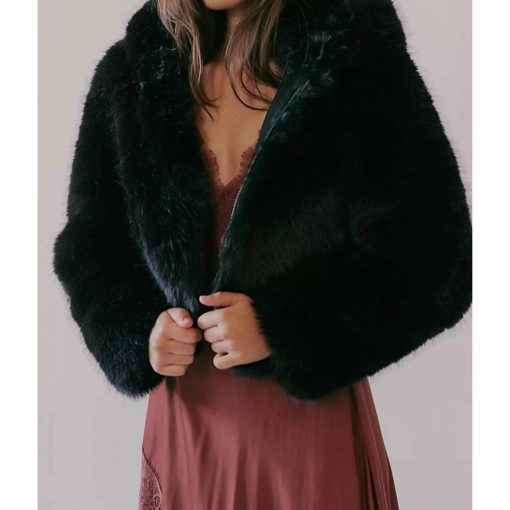 New Free People Louder Please Hooded Faux Fur Jacket In Black